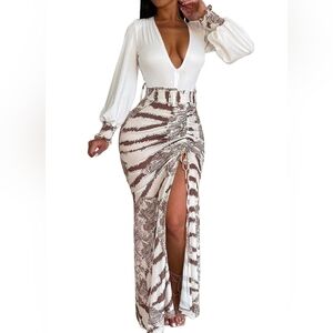 Women's V-Neck Maxi Dress Slit Drawstring Graphic Print Belted Casual Size M